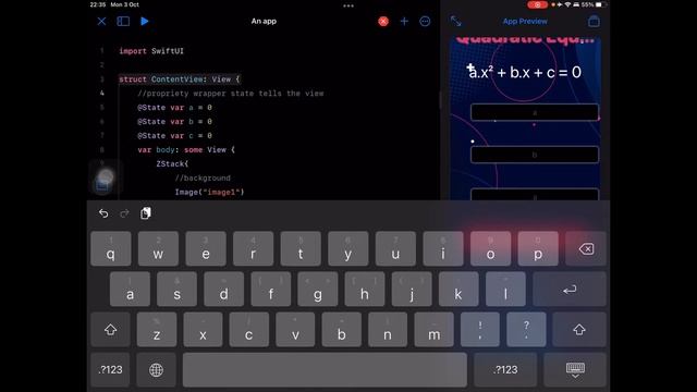 5. @State variables & number formatter textfield. Quadratic equation solver. SwiftUI iPad. смотреть онлайн