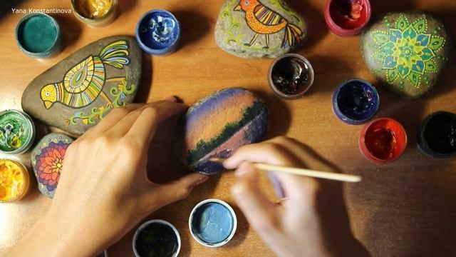 Роспись камней.Рисуем летний пейзаж на камне.Рисуем закат.Рисуем гуашью. смотреть онлайн
