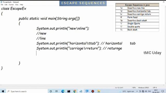 1.12.Escape Sequences or Escape codes in java tutorial in TELUGU смотреть онлайн