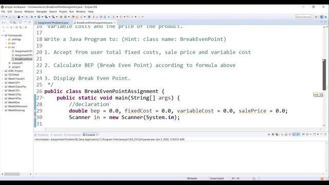 Calculate Break Even Point in Java | Assignment 1 Problem 4 смотреть онлайн
