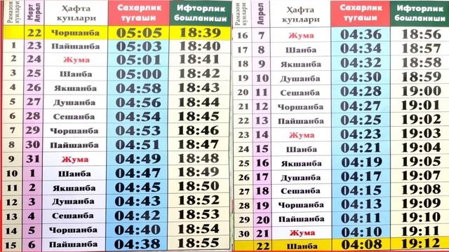 RAMAZON OYI TAQVIMI 2023 Hamma Viloyatlarga / Ro'za Vaqtlari 2023 Рамазон тақвими 2023 рўза вақтлар
