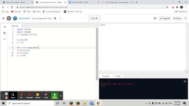 Learn how to draw colorful geometric star in python.turtle under 4 minutes :) смотреть онлайн