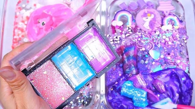 Pink Vs Purple Pony Slime Mixing Random Cute,shiny Things Into Slime #ASMR #slimevideos #슬라임