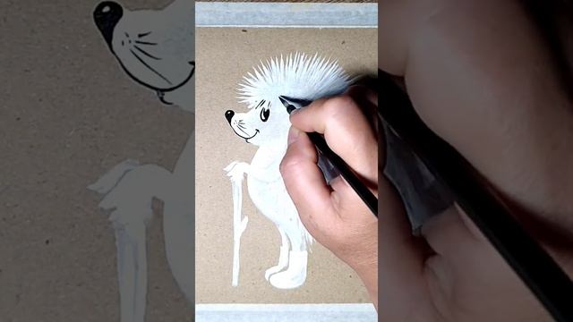 Белый ежик - рисунок гуашью на крафтовой бумаге. смотреть онлайн