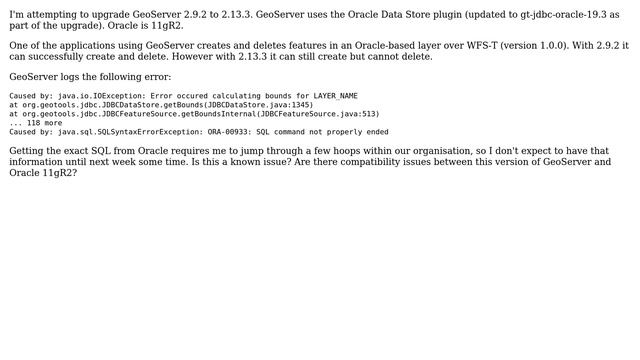GIS: GeoServer 2.13.3 unable to delete from Oracle 11gR2 over WFS-T смотреть онлайн