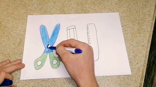 Рисование и раскраска школьных предметов (ножницы, карандаш, линейка) для детей | Drawing смотреть онлайн
