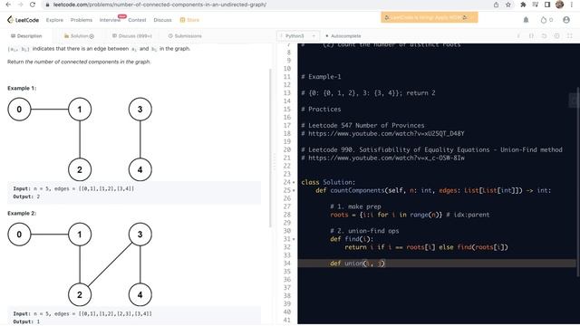 Leetcode 323. Number of Connected Components in an Undirected Graph - Union-Find method смотреть онлайн