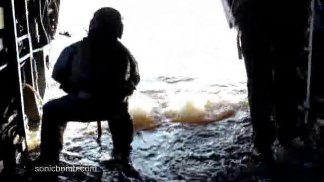 Chinook CH-47 Helicopter Picks Up US Navy Seals Team Assault Boat Water Extraction On Rear Door Ram