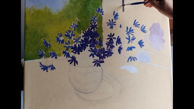 Живопись маслом. Васильки на окне. Часть 1. Cornflowers. Oil painting. смотреть онлайн