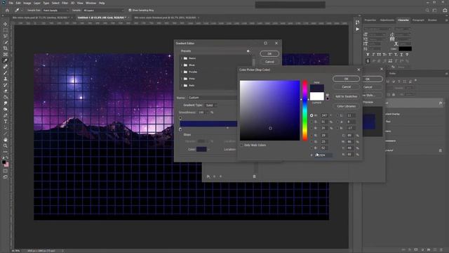 80's Retro synthwave text logo scene: Part 1: Remove sky & add gradients & perspective [Photoshop] смотреть онлайн