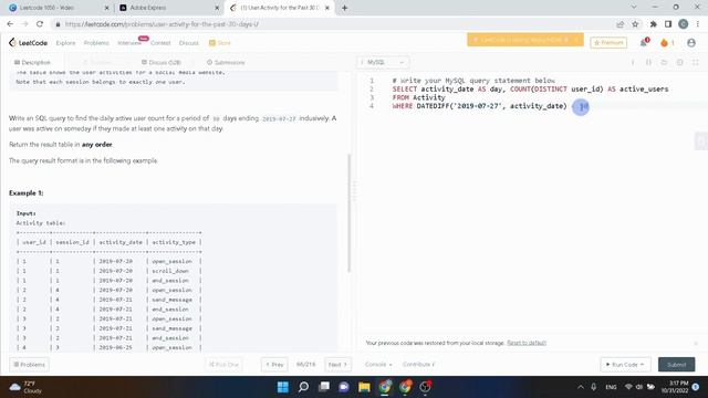 MySQL - Leetcode 1141 - User Activity for the Past 30 Days I смотреть онлайн