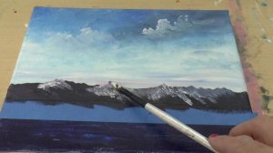 Небо и волны губкой. Акрил, зимний пейзаж. Using sponge for painting the sky and waves. Acrylic