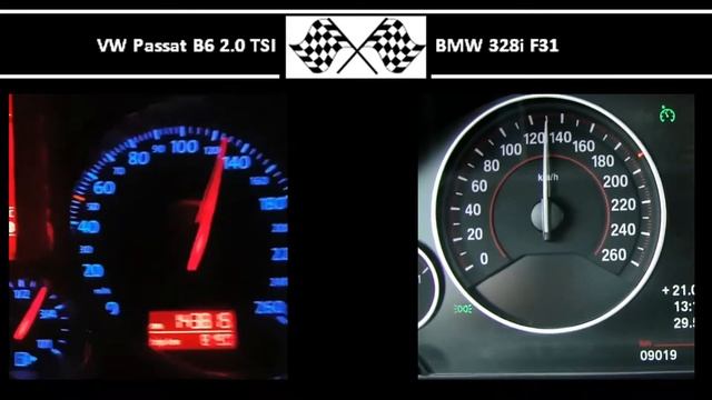 VW Passat B6 2.0 TSI VS. BMW 328i F31 - Acceleration 0-100km/h смотреть онлайн