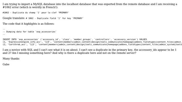 How do I fix #1062 error received while importing EE database to localhost from remote server? смотреть онлайн