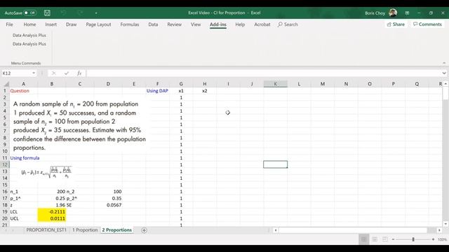 [Excel for Introductory Statistics] Chapter 5 - Episode 5 - CI for Two Proportions смотреть онлайн