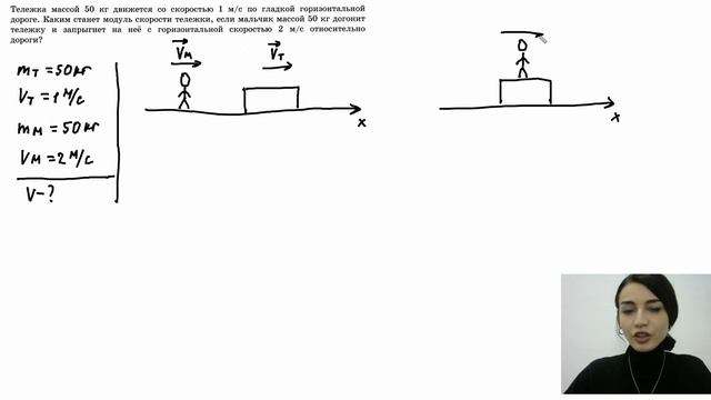 Тележка массой 50 кг движется со скоростью 1 м/с по гладкой горизонтальной дороге... смотреть онлайн