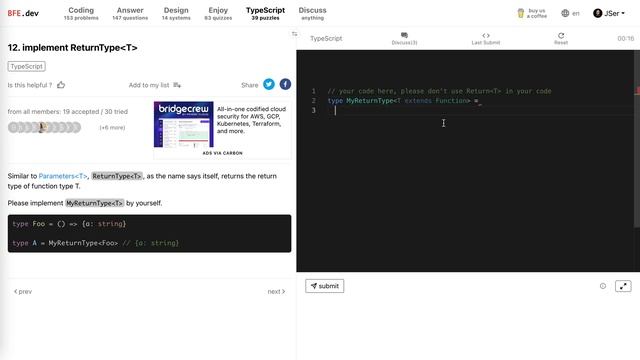 BFE.dev TS puzzle#12 ReturnType | JSer - Front-End Interview questions смотреть онлайн