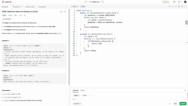 Leetcode 2496 Maximum Value of a String in an Array (Java) смотреть онлайн
