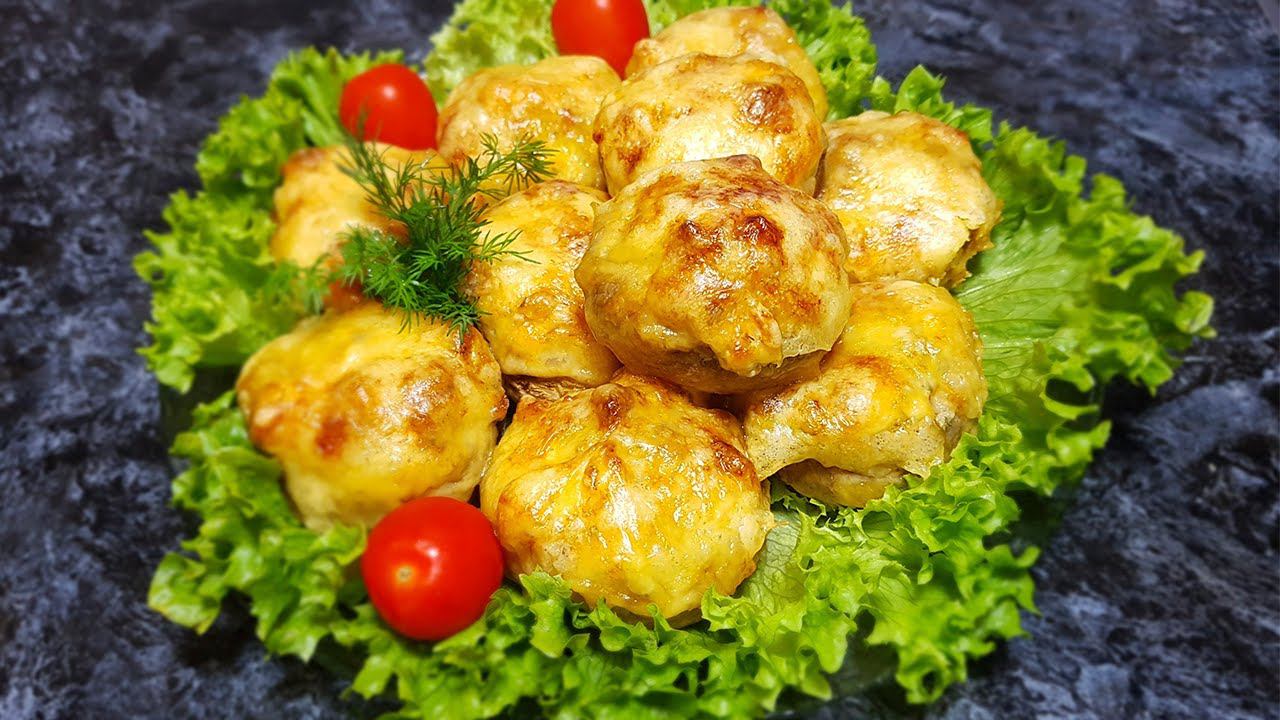 Фаршированные грибы с курицей и сыром в духовке
