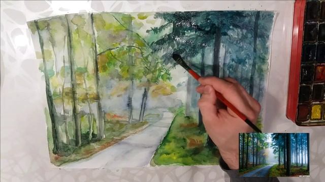 ПЕЙЗАЖ АКВАРЕЛЬЮ | УТРЕННИЙ ЛЕС | BY ©GRINCHISHIN VICTOR #акварель #рисуем смотреть онлайн