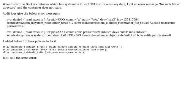 Unable to start docker container with systemd when SELinux is in enforcing state смотреть онлайн
