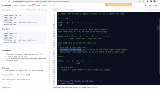 leetcode 2046. Sort Linked List Already Sorted Using Absolute Values - linear traversal with check смотреть онлайн