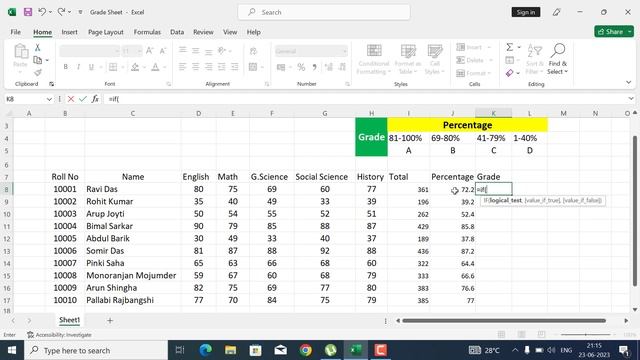 How to find Grade in MS Excel mark sheet || How to find Total mark, Percentage in MS Excel || смотреть онлайн