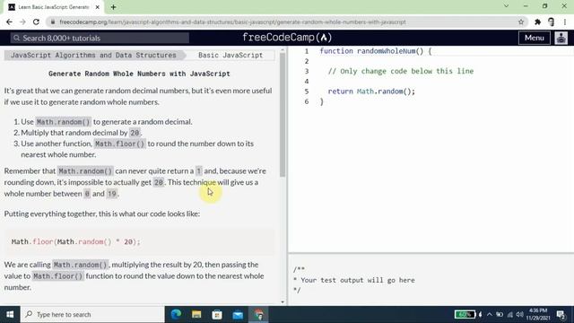 Basic Javascript | Generate Random Whole Numbers with JavaScript | freeCodeCamp | 106 of 113 смотреть онлайн