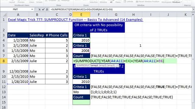 Excel Magic Trick 777.5: SUMPRODUCT Function OR Criteria, 2 Tips: TRUE+FALSE & TRUE+TRUE