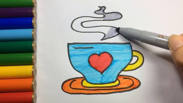 Как рисовать и окрашивать чашку кофе, детские видеоролики с цветными маркерами смотреть онлайн