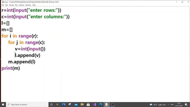 Python program to create a 2D matrix by getting input from the user смотреть онлайн