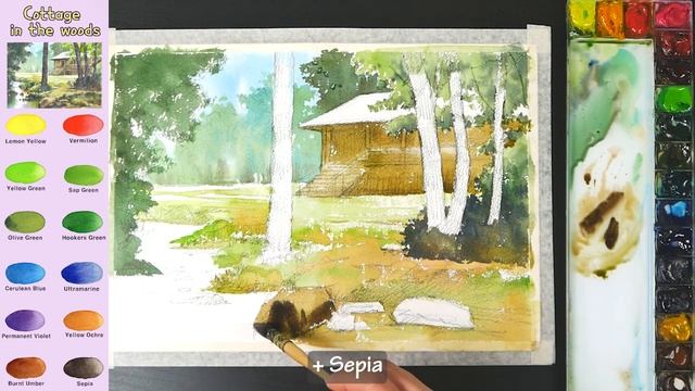 Cottage in the woods - Landscape Watercolor (sketch & color name, watercolor material) NAMIL ART смотреть онлайн