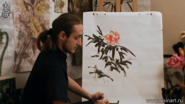Обучение рисованию Пиона при помощи живописи у-син. Урок 2. _Пион с листвой смотреть онлайн