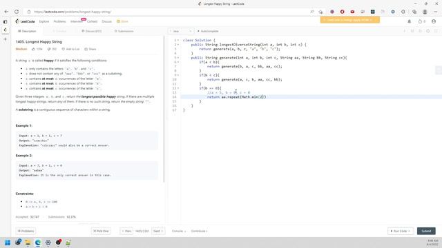LeetCode 1405 | Longest Happy String | Recursion | Java смотреть онлайн