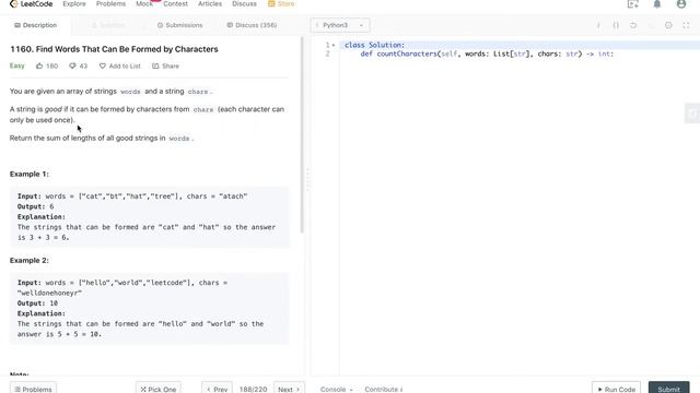 Leetcode 1160. Find Words That Can Be Formed by Characters Python смотреть онлайн