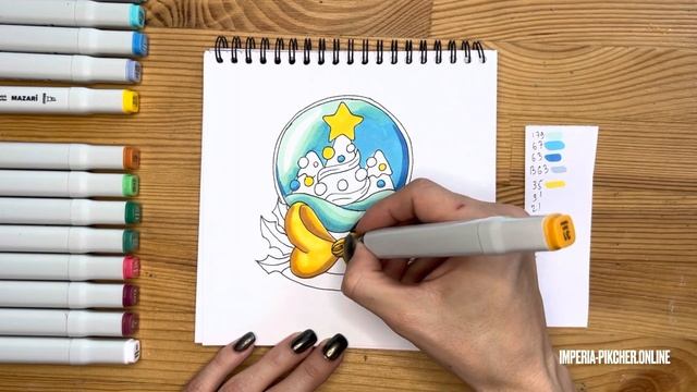 Рисунок скетч маркерами "Елка в шаре" для скетчбука | Срисовка картинки для начинающих смотреть онлайн