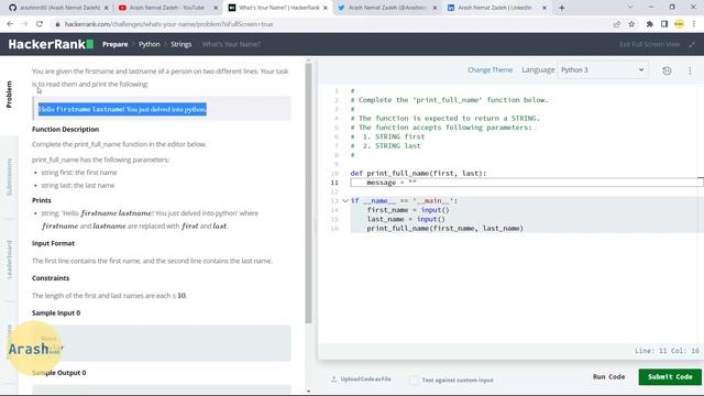 16. HackerRank Python Preparation - What's Your Name - Challenge Solution смотреть онлайн