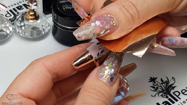 Rose Gold And Nude Nails With Transfer Foil And Chrome Pigment.