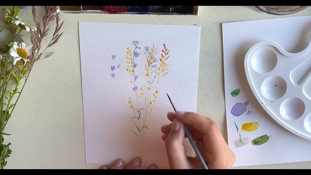 Колокольчики, ромашки, зверобой и травы с натуры. Рисуем букет полевых цветов акварелью онлайн смотреть онлайн