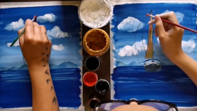Пейзаж "Кораблик в море" гуашью. смотреть онлайн
