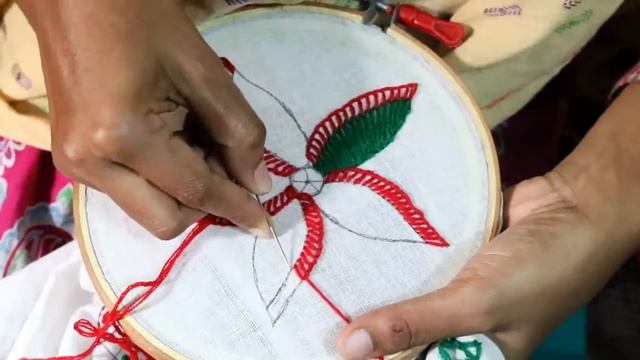 Beautiful leaf design ambroidery, red green flower hand embroidery and sewing by Bithi смотреть онлайн