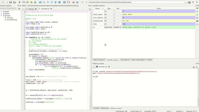 Spyder IDE - running script, object inspector, and variable explorer смотреть онлайн