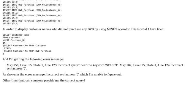 T-SQL MINUS operator смотреть онлайн
