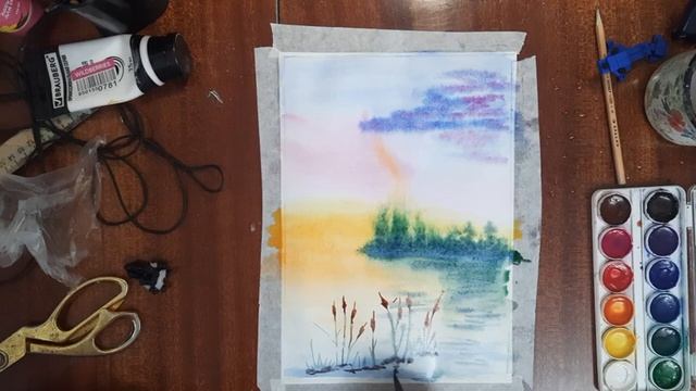 Как легко нарисовать закат. Как нарисовать пейзаж акварелью. Как нарисовать лето. Река акварелью. смотреть онлайн