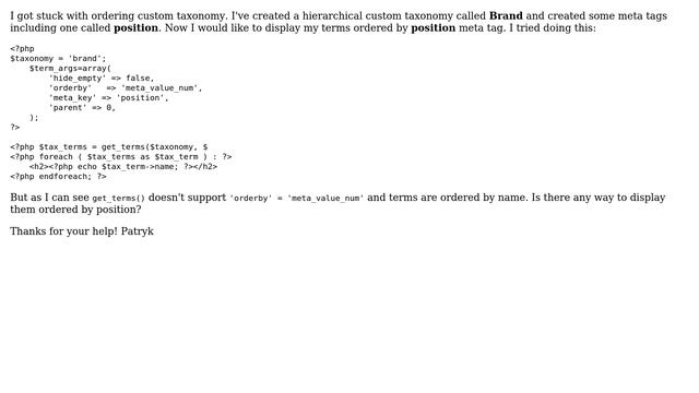 Wordpress: Display Custom Taxonomy Terns ordered by meta_value смотреть онлайн