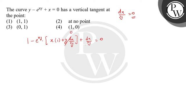 The curve \( y-e^{\mathrm{xy}}+x=0 \) has a vertical tangent at the... смотреть онлайн