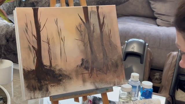 Рассвет в туманном лесу: Пейзаж акрилом | Dawn in the misty forest: Landscape with acrylics смотреть онлайн