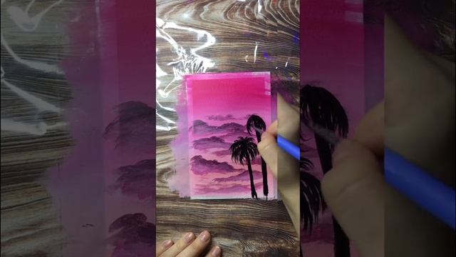 Palm trees and crimson sky painting ~ Acrylic смотреть онлайн