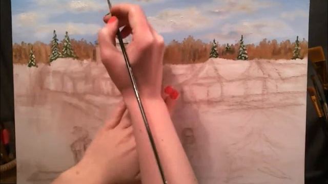 Новогодний пейзаж. Масло. Часть 1 смотреть онлайн