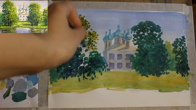 Как нарисовать ПОЭТАПНО пейзаж гуашью/Рисуем летний пейзаж с храмом смотреть онлайн